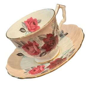 Lovely Vintage Aynsley Floral Teacup Roses and Saucer Set with Gold Trim